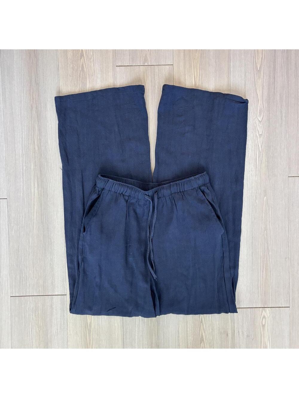 Stradivarius Navy Blue Linen Blend Wide Leg Drawstring Pants Extra Small